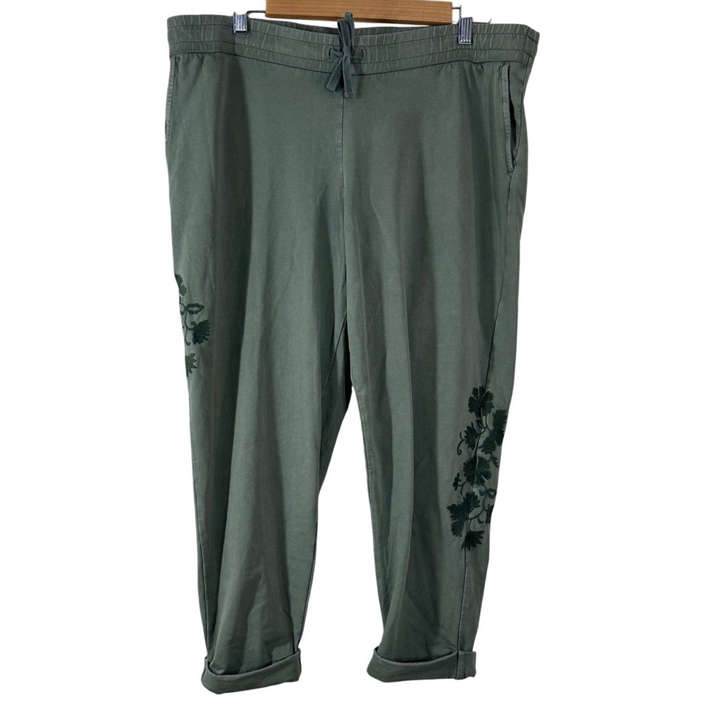 J. Jill Olive Green Embroidered Floral Knit Jogger Pants Boho Size PM